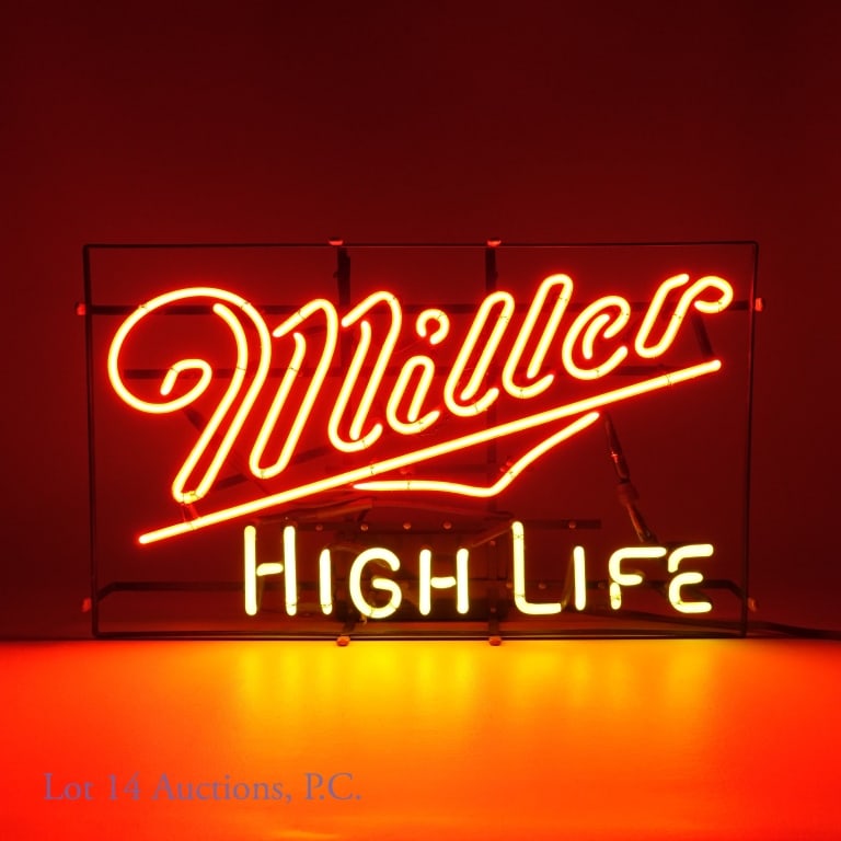 Miller High Life Neon Sign 1986 (No In-House Shpg): 1986 Vintage Miller High Life Neon sign. LOCAL PICK UP OR THIRD PARTY SHIPPING ONLY! 26 X 15.75". Made by Universal Electric Sign Co., Model 01-52936. Transformer has audible buzz.