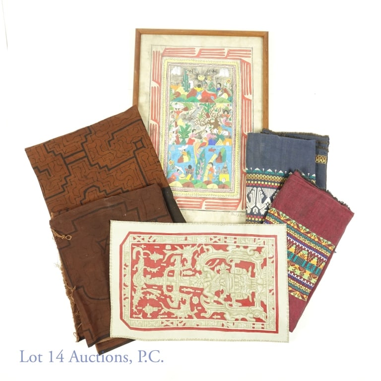 Latin American, Peruvian Textiles and Art - 6: Large lot of textile art and home decor from Latin America, mostly acquired from Peru in the 1980s. Lot includes Two embroidered linen tapestries or scarves with colorful patterns near the ends, two c