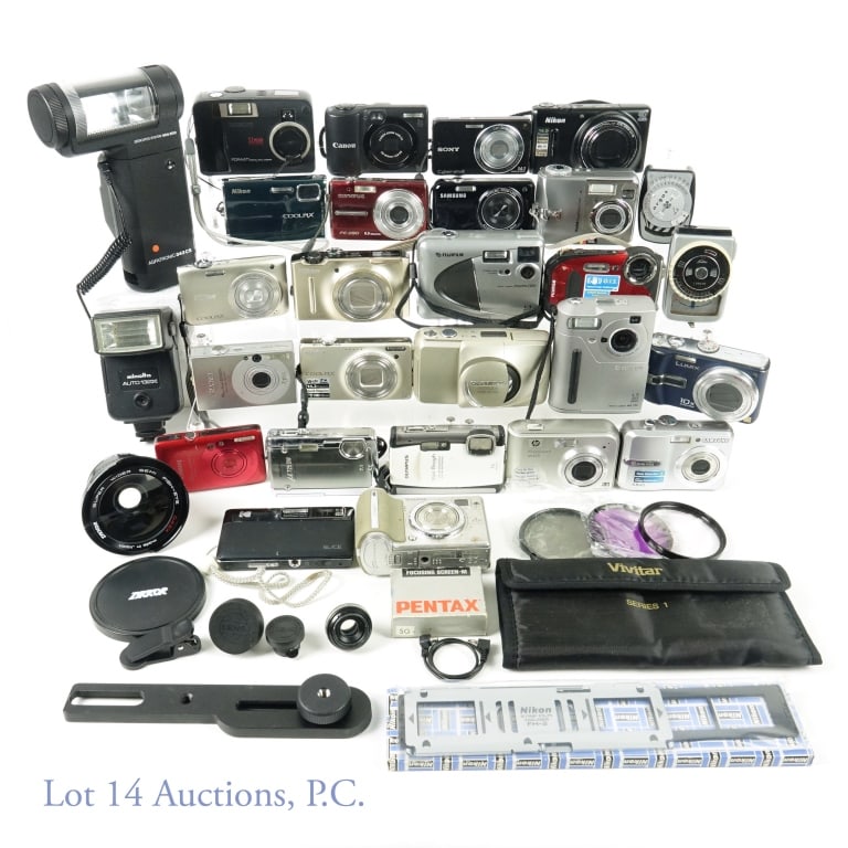 23 Digital Cameras, Photo Equipment, & Accessories: 23 digital cameras from Sony, Olympus, Panasonic, Kodak, Nikon, Fujifilm, Samsung, and HP. Olympus Stylus Zoom 140 DLX 35mm point and shoot camera. Agfatronic 23 digital cameras. 343 CS strobe. Vivita