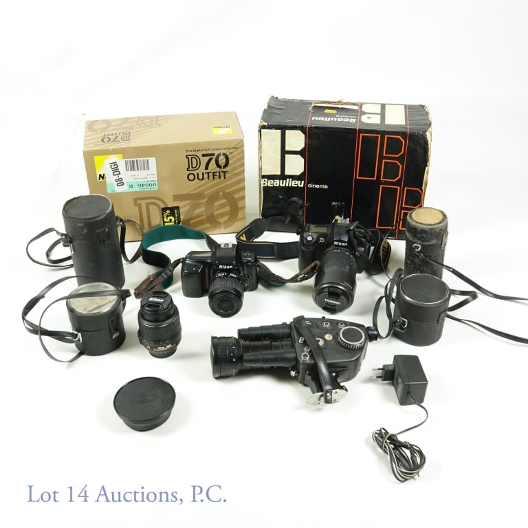 Assorted Cameras and Equipment *: Lot of assorted cameras and photography equipment. Lot includes; a Nikon D70, includes original packaging and equipped with a Tamron 70-300mm AF lens, a Nikon N50 with Nikon 35-80mm lens, a Nikon AF-S