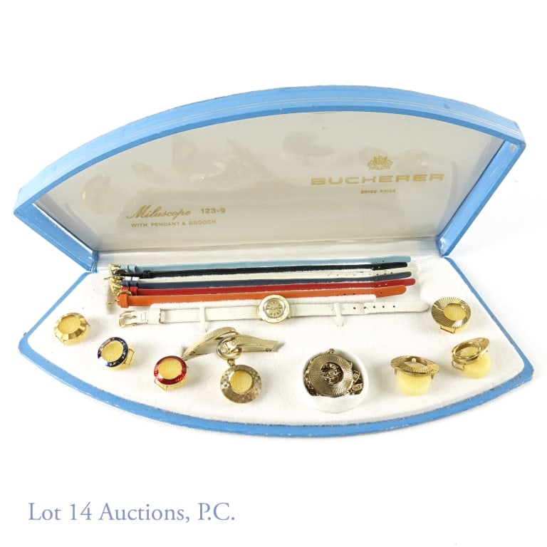 Bucherer Miluscope 123-9 Swiss Watch Kit: Bucherer Swiss made watch with 7 straps, brooch, fob, six cases and original blue box.