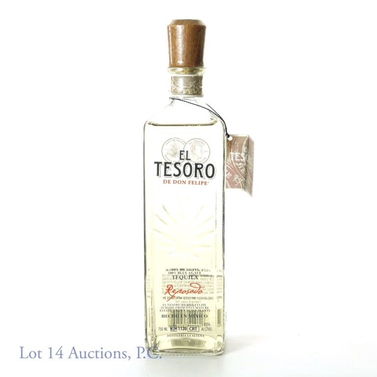 El Tesoro Tequila Reposado - Olive Oil Bottle: El Tesoro de Don Felipe tequila reposado. 40% ABV (80 proof). 750 ml. Etch: R-1028. Olive oil bottle. NOM 1139. Neck tag present.
