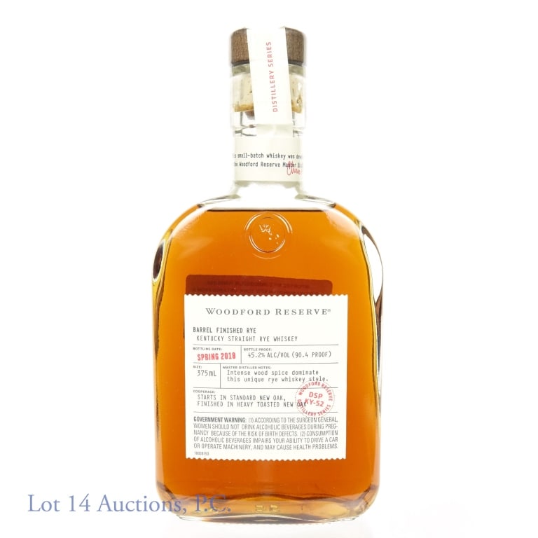Woodford Reserve Dist Series Spr 2018 Rye Whiskey: Woodford Reserve Distillery Series - Spring 2018 Barrel Finished Kentucky straight rye whiskey. 45.2% ABV (90.4 proof). 375 ml. Etch: L138811859.