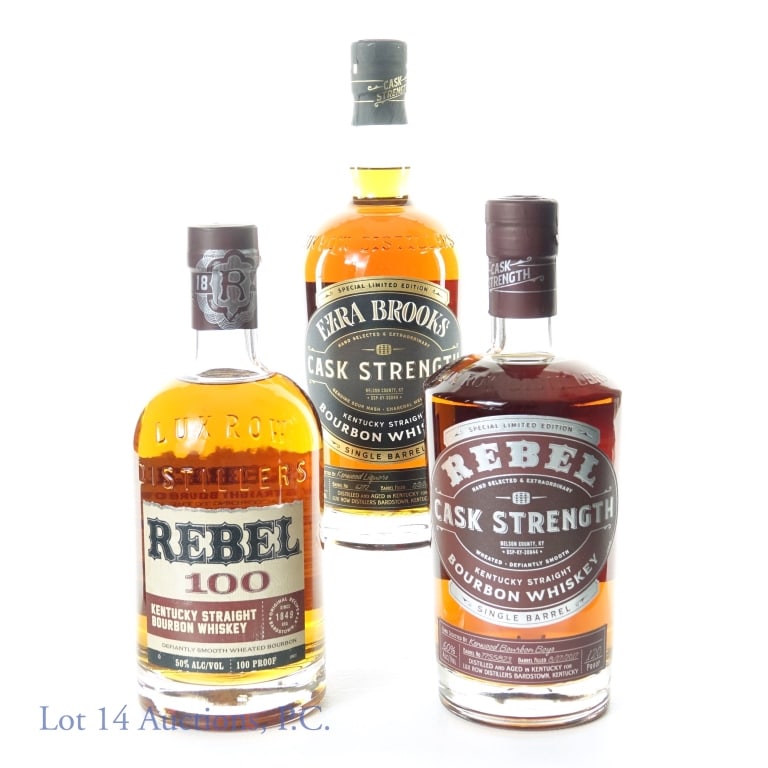 Ezra Brooks & Rebel Yell (3) - Store Picks (2): 3 bottles: Ezra Brooks special limited edition single barrel cask strength Kentucky straight bourbon whiskey. 60% ABV (120 proof). 750 ml. Barrel No. 6272, Barrel filled 7/2/18. Hand selected by Kenwo