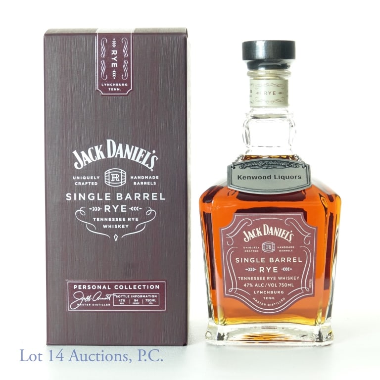 2021 Jack Daniels Rye Whiskey (Kenwood Pick): Jack Daniel's single barrel Tennessee rye whiskey. 47% ABV (94 proof). 750 ml. Barrel No. 21-04582, Rick No. L-10. Bottling date 5.27.21. Original box. Specially selected for Kenwood Liquors (Homer Gl