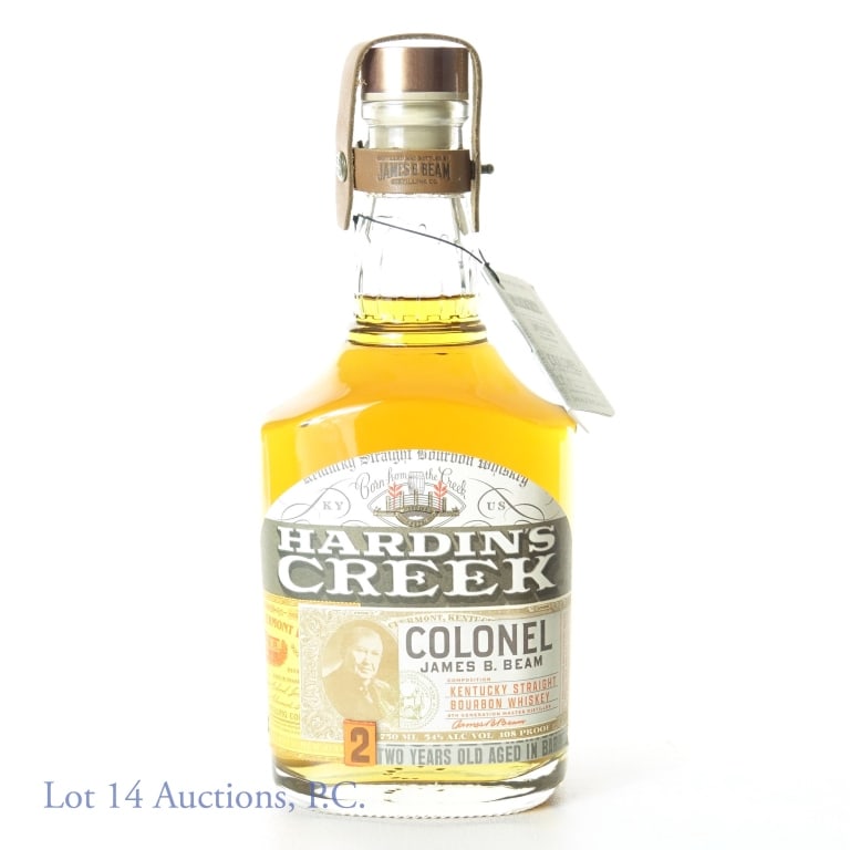 Colonel James B Beam 2 Year Hardins Creek Bourbon: Colonel James B. Beam Hardin's Creek Kentucky straight bourbon whiskey. 2 years. Double distilled. 54% ABV (108 proof). 750 ml. Etch: L2123CLH 502511233. Leather thong and neck tag present.