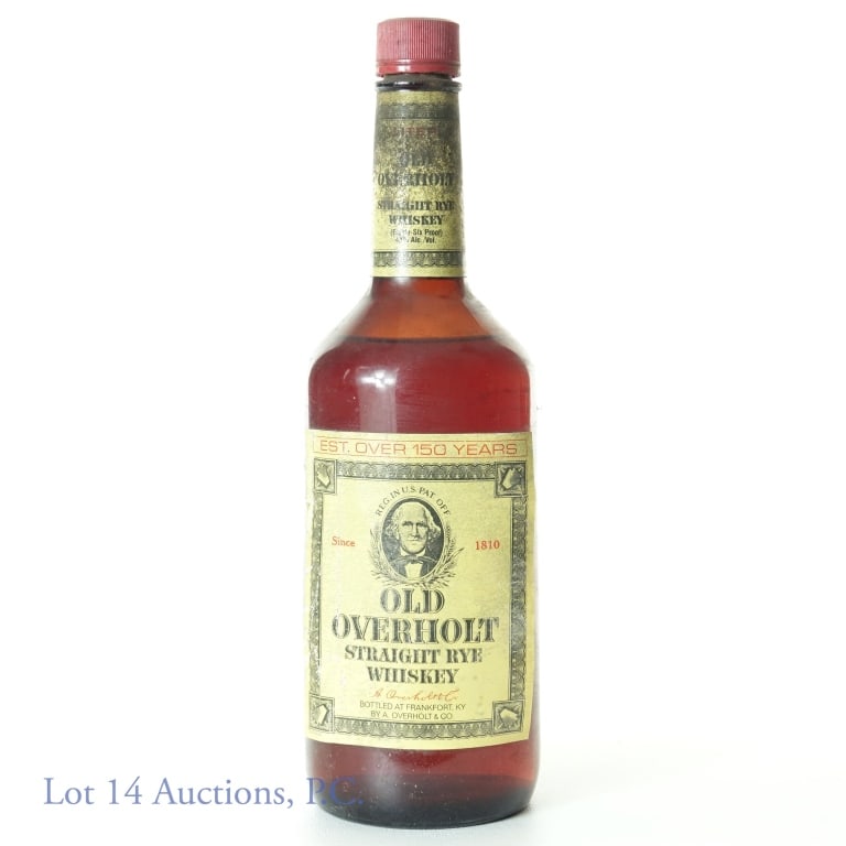 Old Overholt Rye Whiskey (Liter): Old Overholt straight rye whiskey. 86 proof. 1 liter. Mid-shoulder fill. Neck label has mold present - front label is loose - back label is missing.
