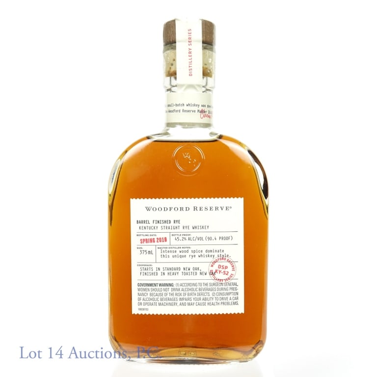 Woodford Reserve Dist Series Spr 2018 Rye Whiskey: Woodford Reserve Distillery Series - Spring 2018 Barrel Finished Kentucky straight rye whiskey. 45.2% ABV (90.4 proof). 375 ml. Etch: L138811859.