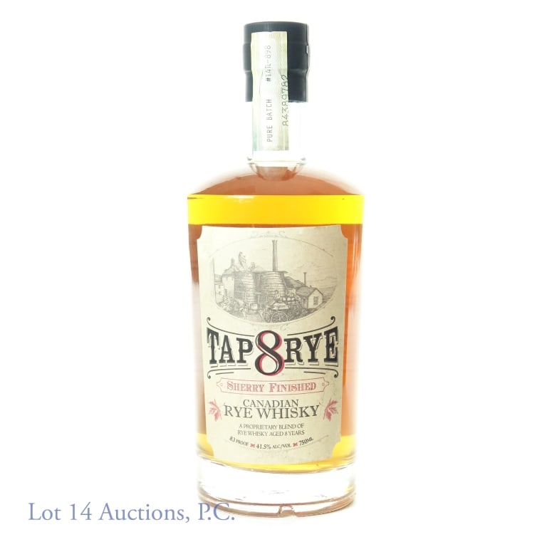 Tap 8 Rye Canadian Rye Whisky: Tap 8 Rye Sherry Finished Canadian Rye Whisky. Pure batch #14TL-898. 83 proof, 750.