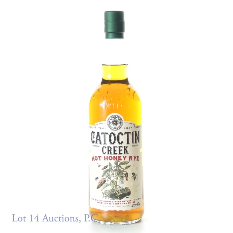 Catoctin Creek Hot Honey Rye Whisky: Catoctin Creek Hot Honey rye whisky. Batch # 23No2. 40% ABV (80 proof). 750 ml. "infused with natural Virginia wildflower honey and chiles".