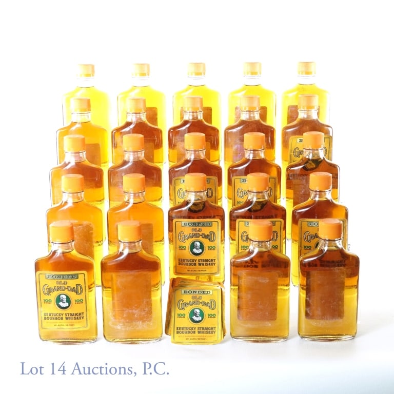 Old Grand-Dad Bonded Kentucky Bourbon 24 x 200ml *: Twenty-four bottles of Old Grand-Dad Bonded Kentucky Straight Bourbon Whiskey. 100 proof, 200ml. 1994/95. *** Many of these bottles have lost front and or back label. We collected as many as we could.