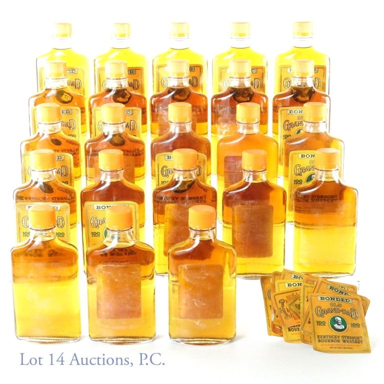 Old Grand-Dad Bonded Kentucky Bourbon 23 x 200ml *: Twenty-three bottles of Old Grand-Dad Bonded Kentucky Straight Bourbon Whiskey. 100 proof, 200ml. 1994/95. *** Many of these bottles have lost front and or back label. We collected as many as we could