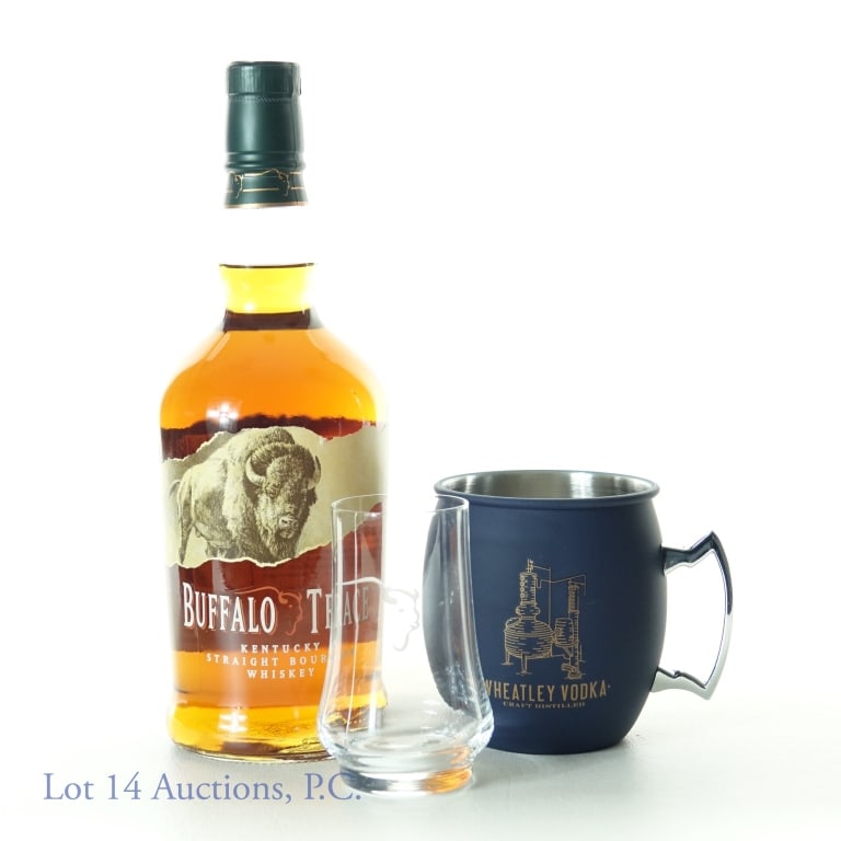 Buffalo Trace Bourbon + Glencairn Glass Steel Cup: Buffalo Trace Kentucky straight bourbon whiskey. 45% ABV (90 proof). 750 ml. Etch: L232230102:00B. ***** The Glencairn Glass (Buffalo Trace branded). Appears new. ***** Buffalo Trace Wheatley vodka br