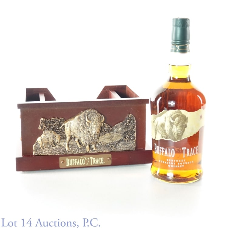 Buffalo Trace Napkin / Straw Holder & Bourbon: Buffalo Trace branded napkin and straw holder (with sealed pack of Blanton's bourbon napkins. ***** Buffalo Trace Kentucky straight bourbon whiskey. 45% ABV (90 proof). 750 ml.