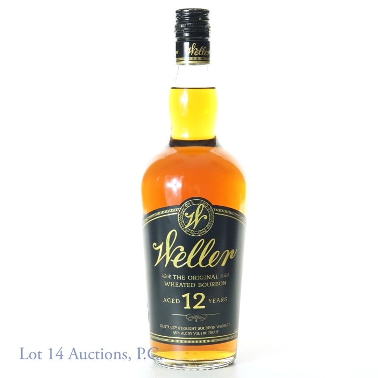 Weller Bourbon Whiskey - 12 Years (UK): Weller Kentucky straight wheated bourbon whiskey. 12 years. 45% ABV (90 proof). 750 ml. Etch: L231320102:01B and 32037040121. Buffalo Trace Distillery. "From the UK" HM Revenue & Customs sticker.