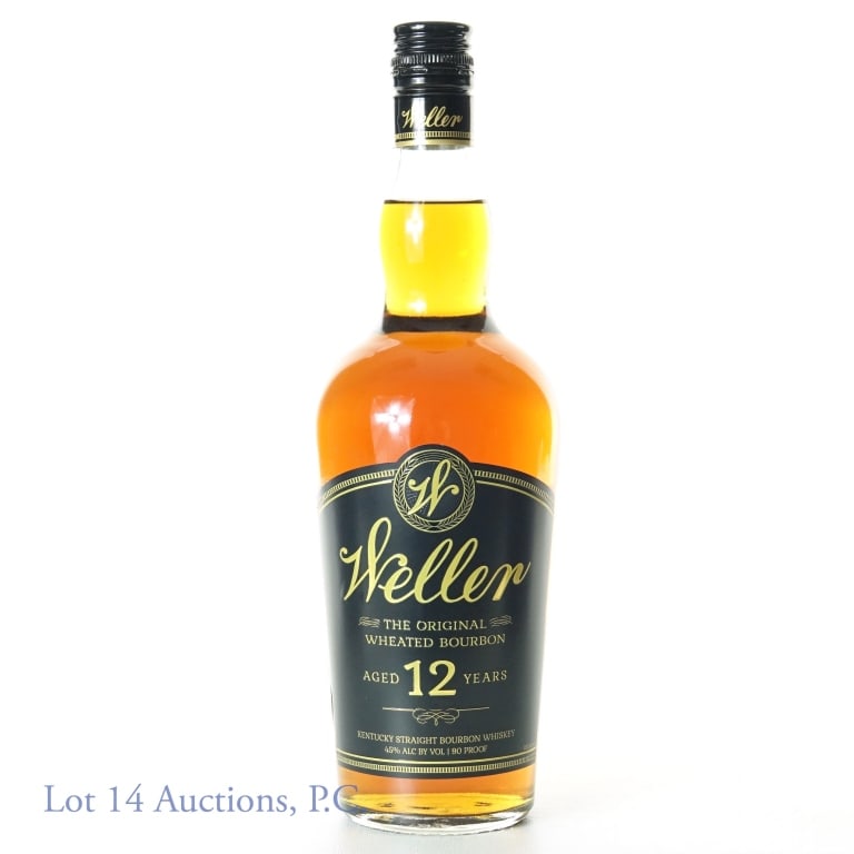 Weller Bourbon Whiskey - 12 Years (UK): Weller Kentucky straight wheated bourbon whiskey. 12 years. 45% ABV (90 proof). 750 ml. Etch: L231320102:01B and 32037040221. Buffalo Trace Distillery. "From the UK" HM Revenue & Customs sticker.