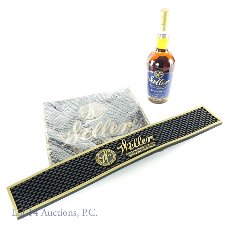 Weller Full Proof Wheated Bourbon + 2 Weller Mats: Weller Full Proof Kentucky straight wheated bourbon whiskey. 57% ABV (114 proof). 750 ml. Etch: L23138 0104:40B. ***** Weller branded rubber bar rail mat. 23.5" x 3.5" x 0.5" *****Weller branded rubbe