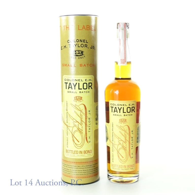 Col. E.H. Taylor Small Batch BiB Bourbon Whiskey: Colonel E.H. Taylor small batch straight Kentucky bourbon whiskey. Bottled in bond (100 proof). 750 ml. Etch: 14:01:04923. Original cylinder. Old Fashioned Copper Distillery.