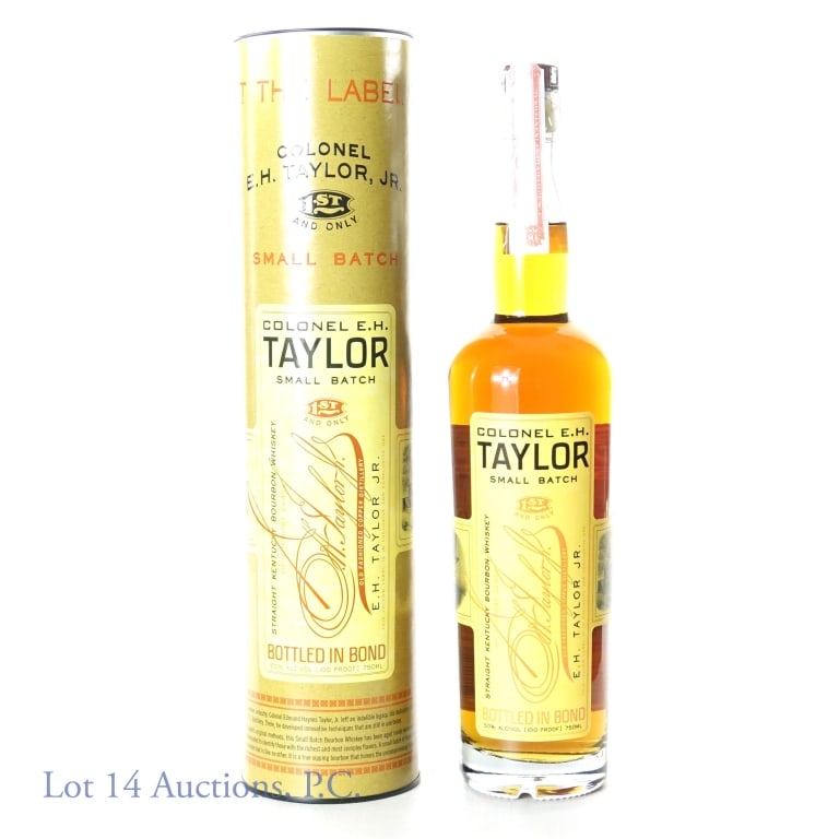 Col. E.H. Taylor Small Batch Bourbon - BiB: Colonel E.H. Taylor Small Batch Straight Kentucky Bourbon Whiskey. Bottled in bond (100 proof). 750 ml. Etch is unreadable. Original cylinder. Old Fashioned Copper Distillery.