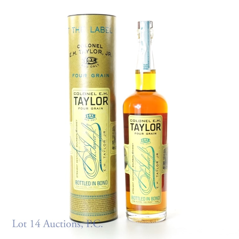 Col. E.H. Taylor Bourbon - Four Grain BiB UK: Colonel E.H. Taylor straight Kentucky bourbon whiskey - Four Grain. Bottled in bond (100 proof). 750 ml. Original cylinder. Old Fashioned Copper Distillery. "From the UK" HM Revenue & Customs sticker.
