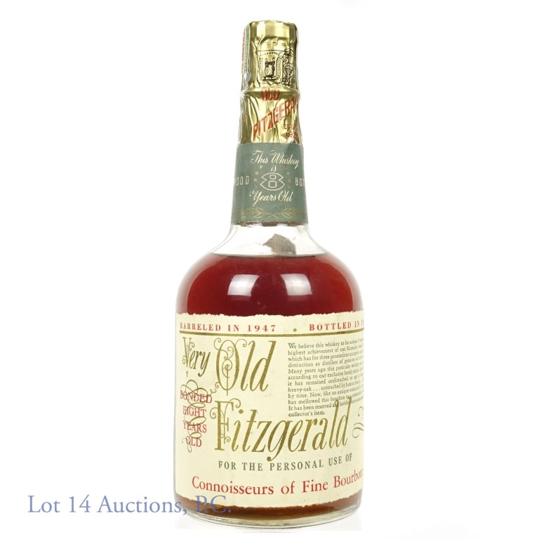 1955 Very Old Fitzgerald 8 Year Old Bourbon Stitzel-Weller: Very Old Fitzgerald Kentucky straight sour mash bourbon whiskey. 8 years (Spring 1947 - Spring 1955). Bottled in bond (100 proof). 4/5 quart. Stitzel-Weller Distillery.