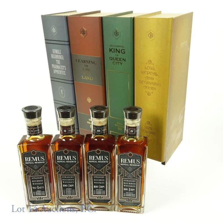 Remus Repeal Reserve I-IV 4 375ml Bottle Library: Remus Repeal Vertical Set Volumes I through IV. Four 375ml bottles in the library book case. Volume I: 94 proof Medley (2005 & 2 x 2006 bourbons). Volume II: 2018 Medley 100 proof (2 x 2007 Bourbons &