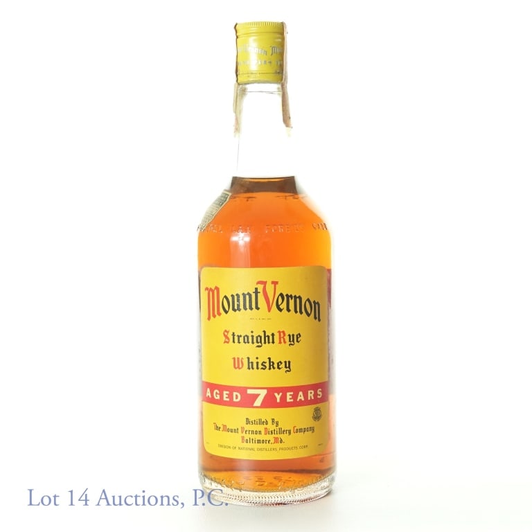 Mount Vernon Rye Whiskey (1940s / 50s): Mount Vernon straight rye whiskey. 7 years. 86 proof. 4/5 quart. Series 111 tax strip (1944 - 1960).