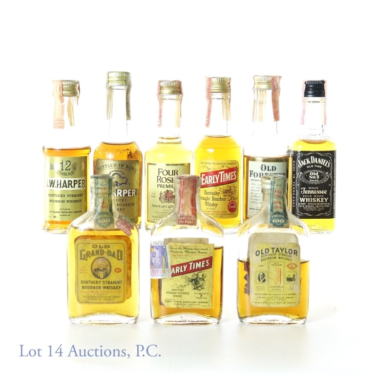 Bourbon / Whiskey Minis (1930s - 1980s) (9): Early Times Kentucky straight bourbon whiskey. 5 years. 90 proof. 1/10 pint. Denominated non-series tax strip (1934 - 1944). Approximately 3/4 full. ***** Old Grand-Dad Kentucky straight bourbon whisk