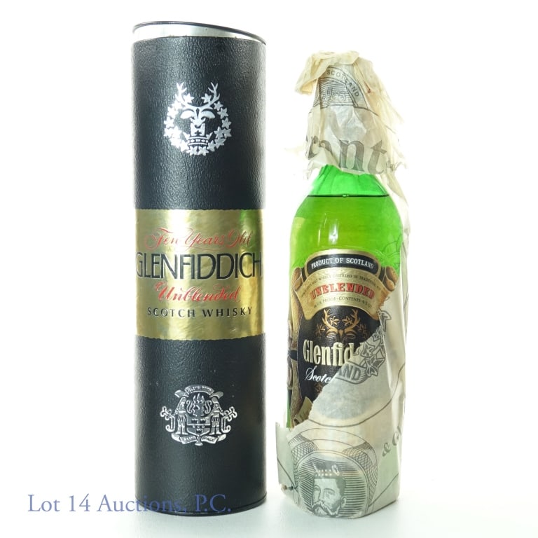 Glenfiddich Unblended Scotch 10 Yr (1960s/70s): Glenfiddich unblended Scotch whisky. 10 years. 86 U.S. proof. 4/5 quart. Series 112 (Internal Revenue) tax strip (1960 - 1977). Original canister, and was still partially wrapped in original tissue pa