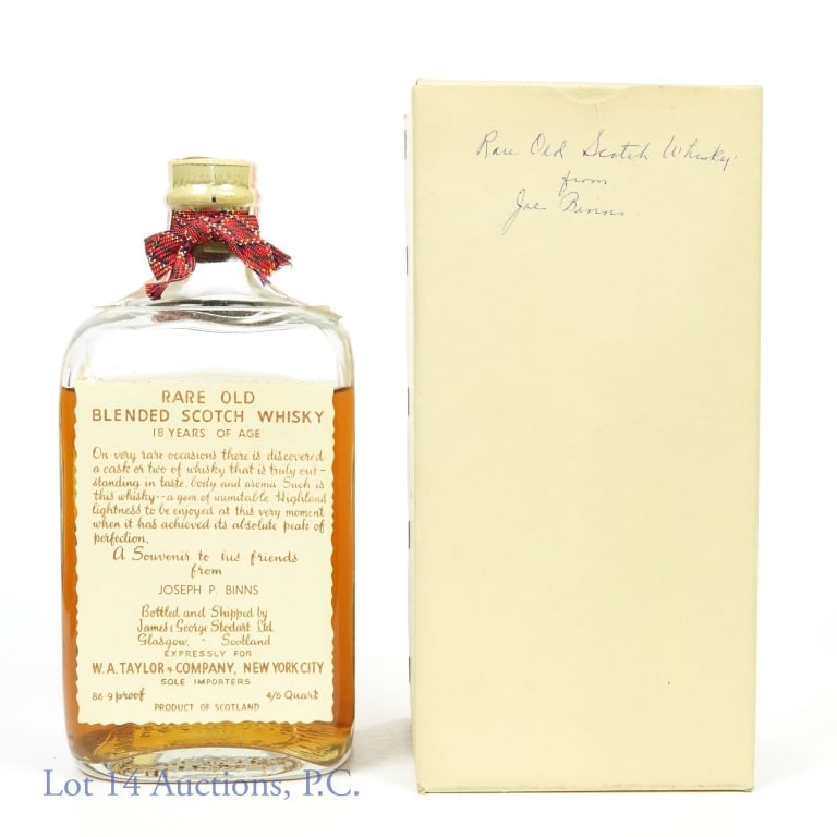 Gift Scotch (Series 111 Strip): Rare Old Blended Scotch whisky - bottled and shipped by James and George Stodart, Ltd. 18 years. 86.9 proof. 4/5 quart. Fill is just below the shoulder. Original box. Series 111 tax strip (1944 - 1960