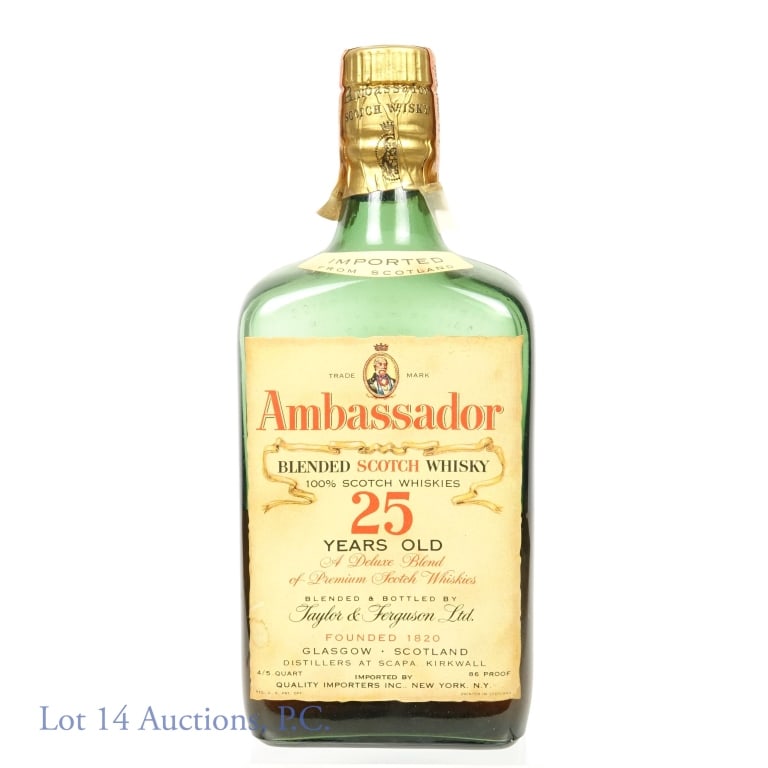 Ambassador Scotch (25 Yr) - LOW Fill: Ambassador blended Scotch whisky. 25 years. 86 proof. 4/5 quart. Approximately half full and appears to have some cloudiness. Series 111 tax strip (1944 - 1960).