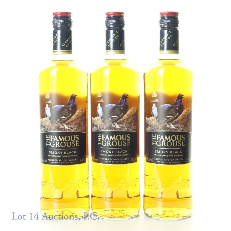 The Famous Grouse Smoky Black Scotch Whisky (3): 3 bottles of The Famous Grouse Smoky Black smooth, peaty and aromatic blended Scotch whisky. 40% ABV (80 proof). 750 ml.