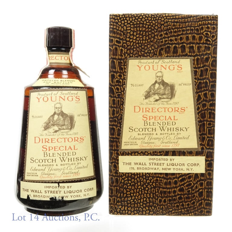 Young's Directors' Special Scotch Whisky 1930s/40s: Edward Young & Co. Director's Special Blended Scotch Whisky. 86 proof. 4/5 quart. Fill is just below shoulder. Non-series 4/5 quart denominated Internal Revenue tax strip (1934 - 1944). Original (roug