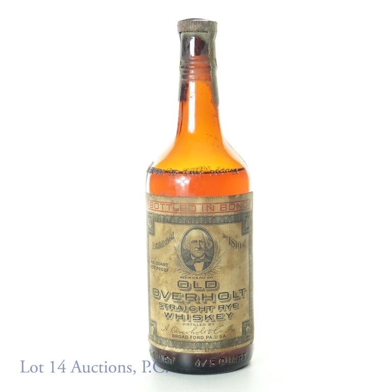 Old Overholt Rye Whiskey BiB 193X-1945: Old Overholt straight rye whiskey. Bottled Spring 1945 (Barreled 193X - last digit is not readable) Bottled in bond (100 proof). 4/5 quart. Low shoulder fill.
