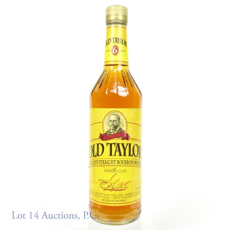 Old Taylor Bourbon Whiskey: Old Taylor Kentucky straight bourbon whiskey of topmost class. 6 years. 80 proof. 750 ml.