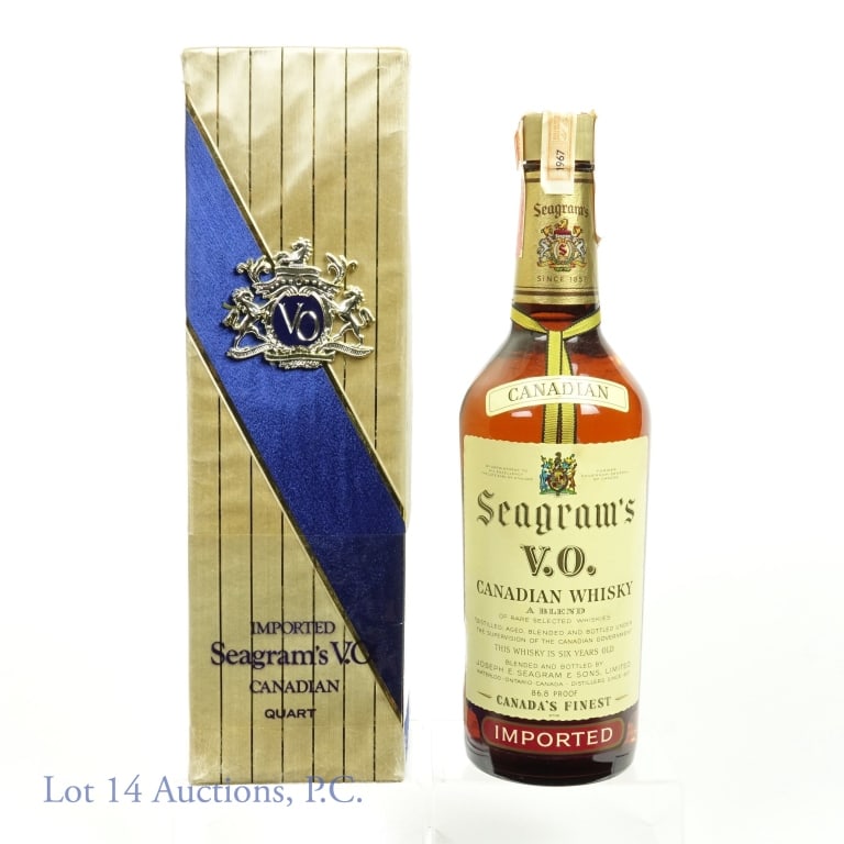 Seagrams VO Whisky (1967 & Sealed Box): 2 bottles: 1967 Seagram's V.O. blended Canadian whisky. 6 years. 86.8 proof. 4/5 quart. ***** Seagram's V.O. blended Canadian whisky - in sealed gift box. 6 years. 86.8 proof. 1 quart. Gift box and co