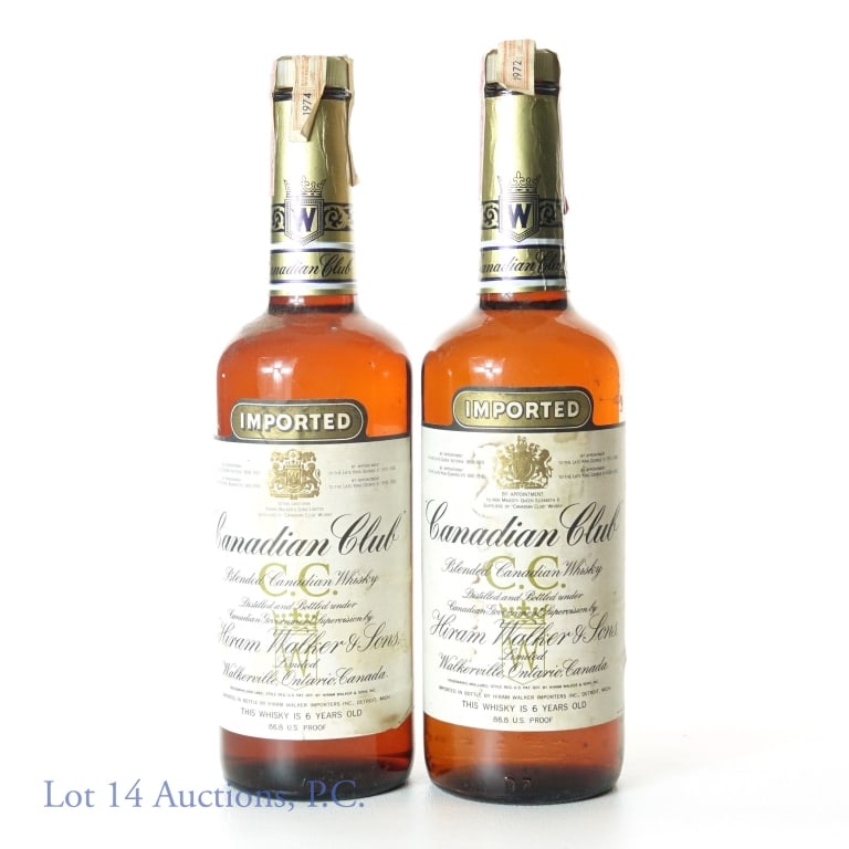 1972 & 1974 Canadian Club Whisky: 2 bottles: 1972 and 1974 Canadian Club blended whisky. 6 years. 86.8 proof. 750 ml (25.4 fl oz).