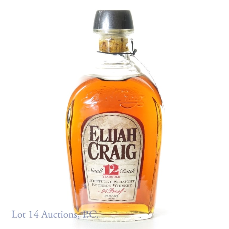 Elijah Craig 12 Year Old 94 Proof Bourbon: Elijah Craig Small Batch Kentucky Straight Bourbon Whiskey. 12 years old - Age Stated on front of bottle. With neck tag (which has a small tear). 750 ml. 94 proof. Likely 2009.