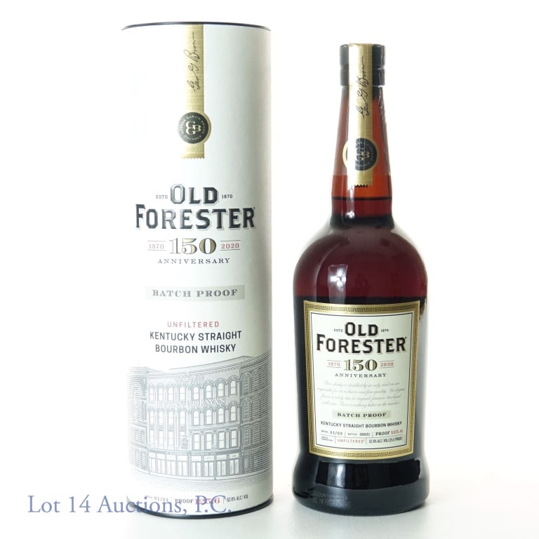 Old Forester "150th Anniversary" Bourbon Batch 1: 2020 Old Forester 150th Anniversary Batch Proof Kentucky Straight Bourbon Whiskey. Batch 01/03, Bottle 00631. 125.6 proof, 750ml. With cylinder.