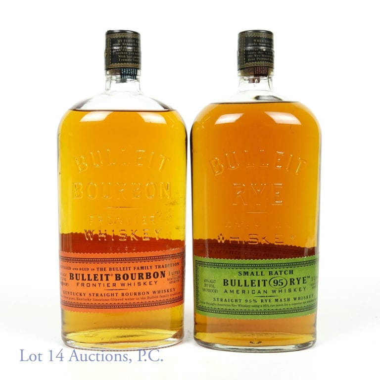 Bulleit Bourbon & Bulleit Rye 1 Liter (2): Bulleit Bourbon Frontier Whiskey 1 liter, 90 proof. AND Bulleit Rye Small Batch American Whiskey, Straight 95% Rye Mash Whisky. 1 liter, 90 proof. (2 bottles, total)