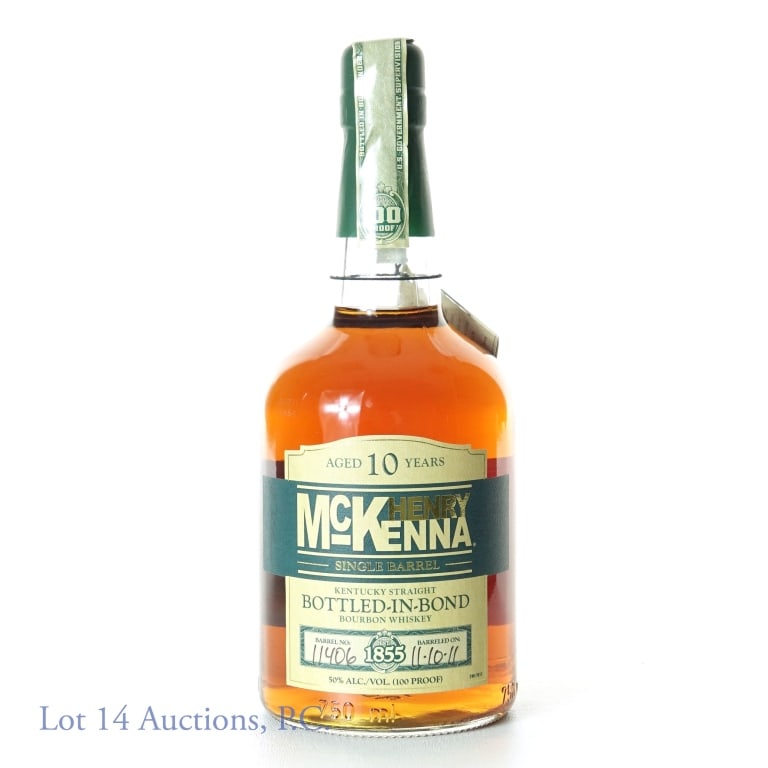 Henry McKenna Single Barrel Bourbon - 10 Yr - BiB: Henry McKenna Single Barrel Kentucky Straight Bourbon Whiskey. 10 years (Barreled 11-10-11). Bottled in bond (100 proof). 750 ml. Barrel No. 11406. Neck tag present. Heaven Hill Distilleries.