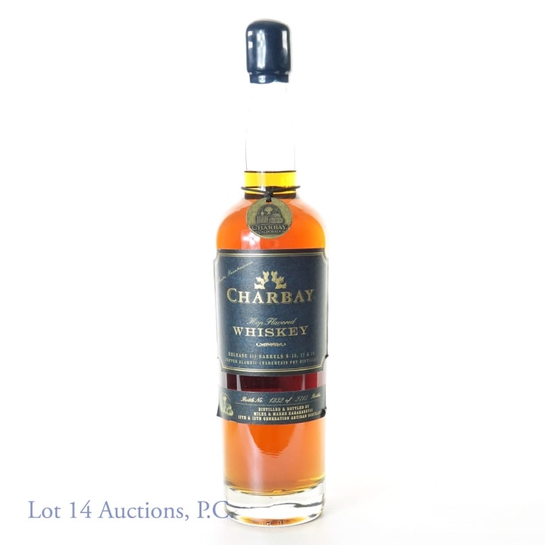Charbay Whiskey - Release III, Bottle 1232/2713: Charbay hop flavored whiskey - Release III (Barrels 8-15, 17 & 18). 66.2% ABV (132.4 proof). 750 ml. Bottle No. 1232 / 2713. Neck tag present. Miles & Marko Karakasevic.