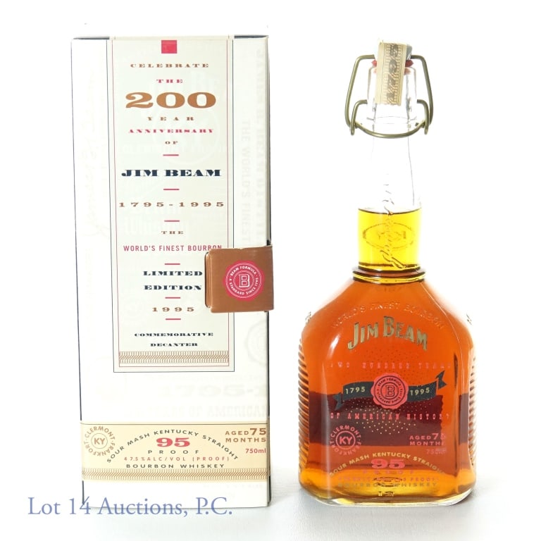 Jim Beam Bourbon 200th Anniversary Decanter: 1995 Jim Beam Kentucky straight sour mash bourbon. 75 months. 47.5% ABV (95 proof). 750 ml. Original box. Flip-top bottle cap.