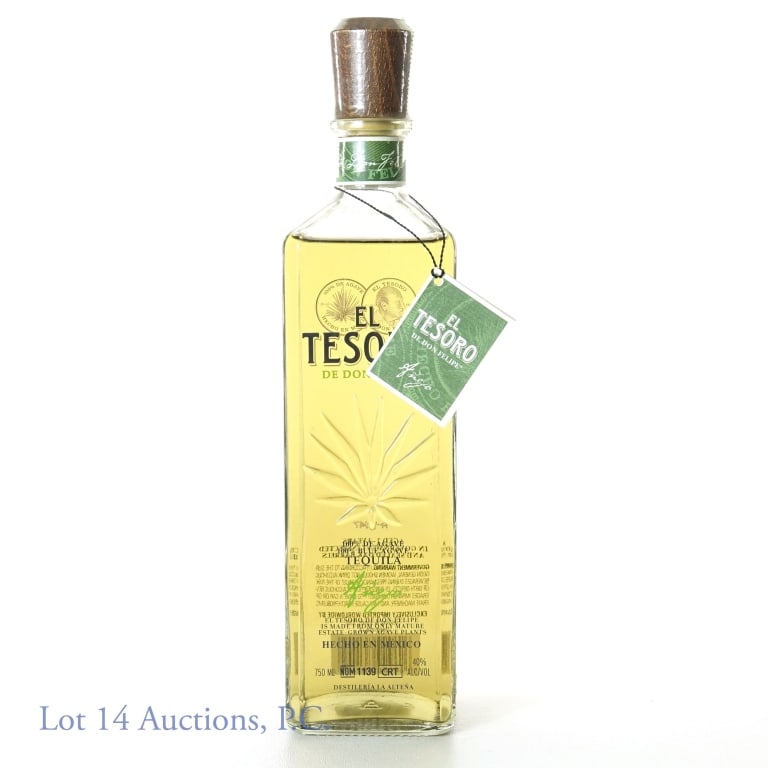 El Tesoro Tequila Anejo - Olive Oil Bottle: El Tesoro de Don Felipe tequila anejo. 40% ABV (80 proof). 750 ml. Etch: R-1047. Olive oil bottle. NOM 1139. Neck tag present.