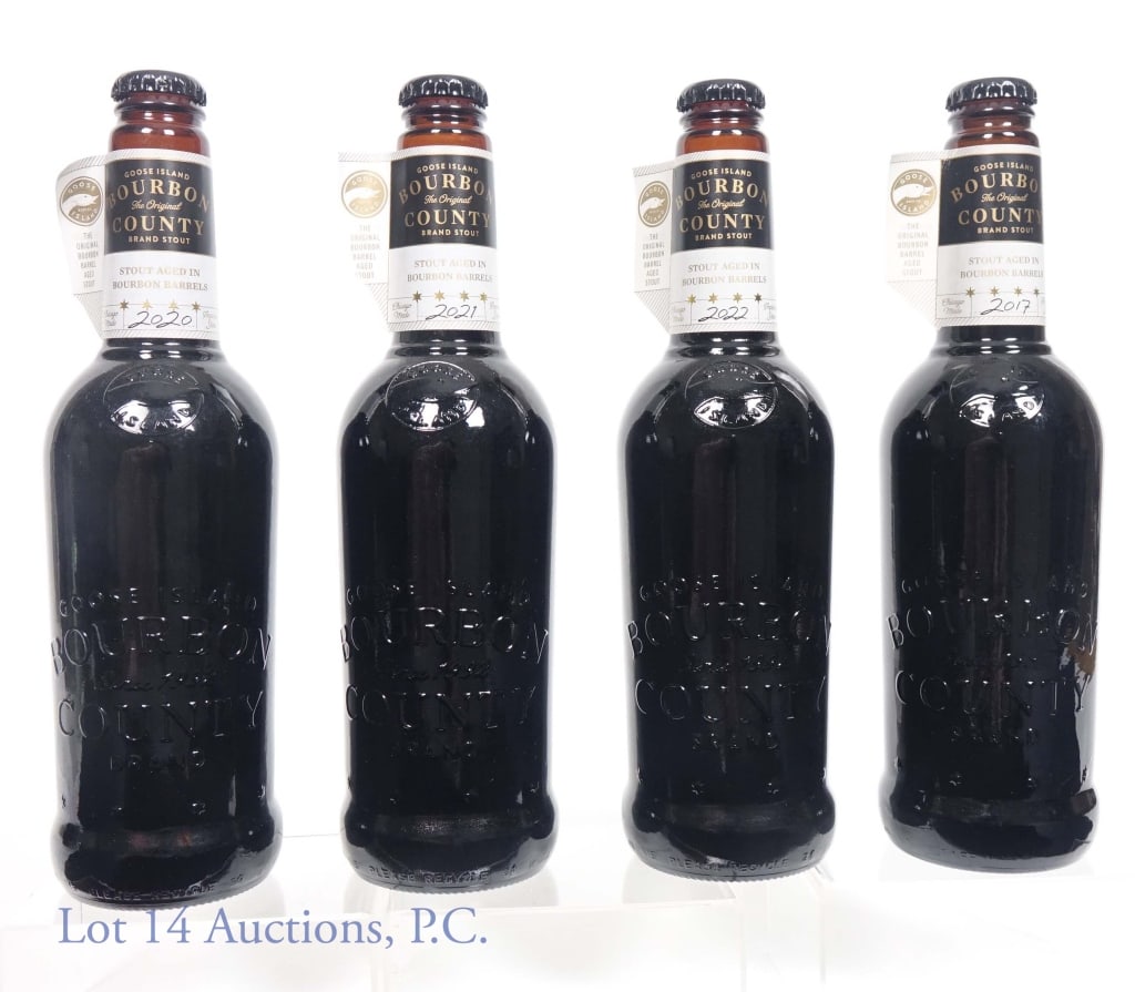 Goose Island Bourbon County Stout 2017-22 (4): (4) bottles of Goose Island Bourbon County stouts: 2017, 2020, 2021, 2022. Each stout is aged in different bourbon barrels, so each has slightly different tastes. Range from 14.0% - 14.6% ABV. 1 pint,