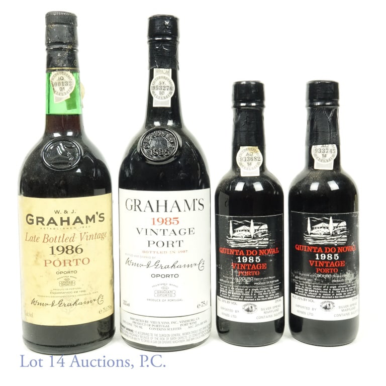 Graham's / Quinta 1980s Port Wines (4): 1985 Graham's vintage port (bottled 1987). 20% ABV. 75 cl (750 ml). ***** 1986 W&J Graham's late bottled porto 20% ABV. 75 cl (750 ml). ***** 2 bottles of 1985 Quinta do Nova. 20% ABV. 375 ml (each bo