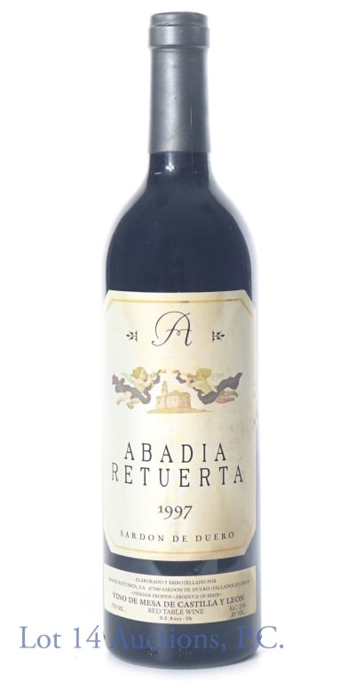 1997 Abadia Retuerta - Castilla y Leon Wine: 1997 Abadia Retuerta Sardon de Duero. Vino de Mesa de Castilla y Leon red table wine. High shoulder fill and sealed. Produce of Spain. 13% abv. 750 ml.