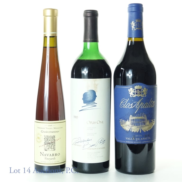 California (2) & Chilean (1) Wines: 1983 Opus One red wine. 12.5% ABV. 750 ml. ***** 2006 Navarro Vineyards Gewurztraminer cluster select wine. 10.3% ABV. 375 ml. ***** 2015 Clos Apalta red wine. 15% ABV. 75 cl (750 ml).