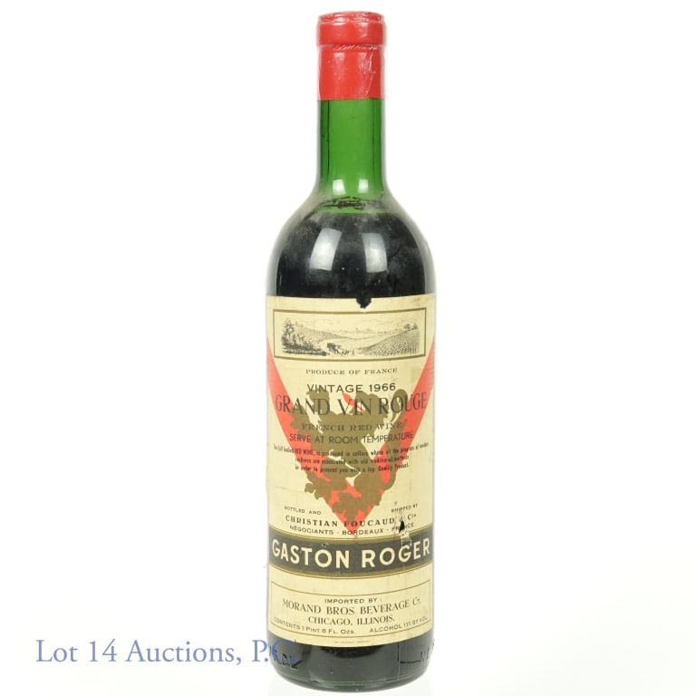 1966 Christian Foucard Grand Vin Rouge Wine: 1966 Grand Vin Rouge red wine. 11% ABV. 1 pint, 8 fluid ounces. Bottled and shipped by Christian Foucaud.