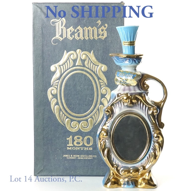1975 Jim Beam Bourbon Mirror Dec. NO SHIPPING: 1975 Jim Beam Kentucky straight bourbon whiskey Mirror decanter. 180 months. 80 proof. 4/5 quart. Series 112 (Internal Revenue) tax strip (1960 - 1977. Decanter and contents weigh 3.75 pounds. Origina